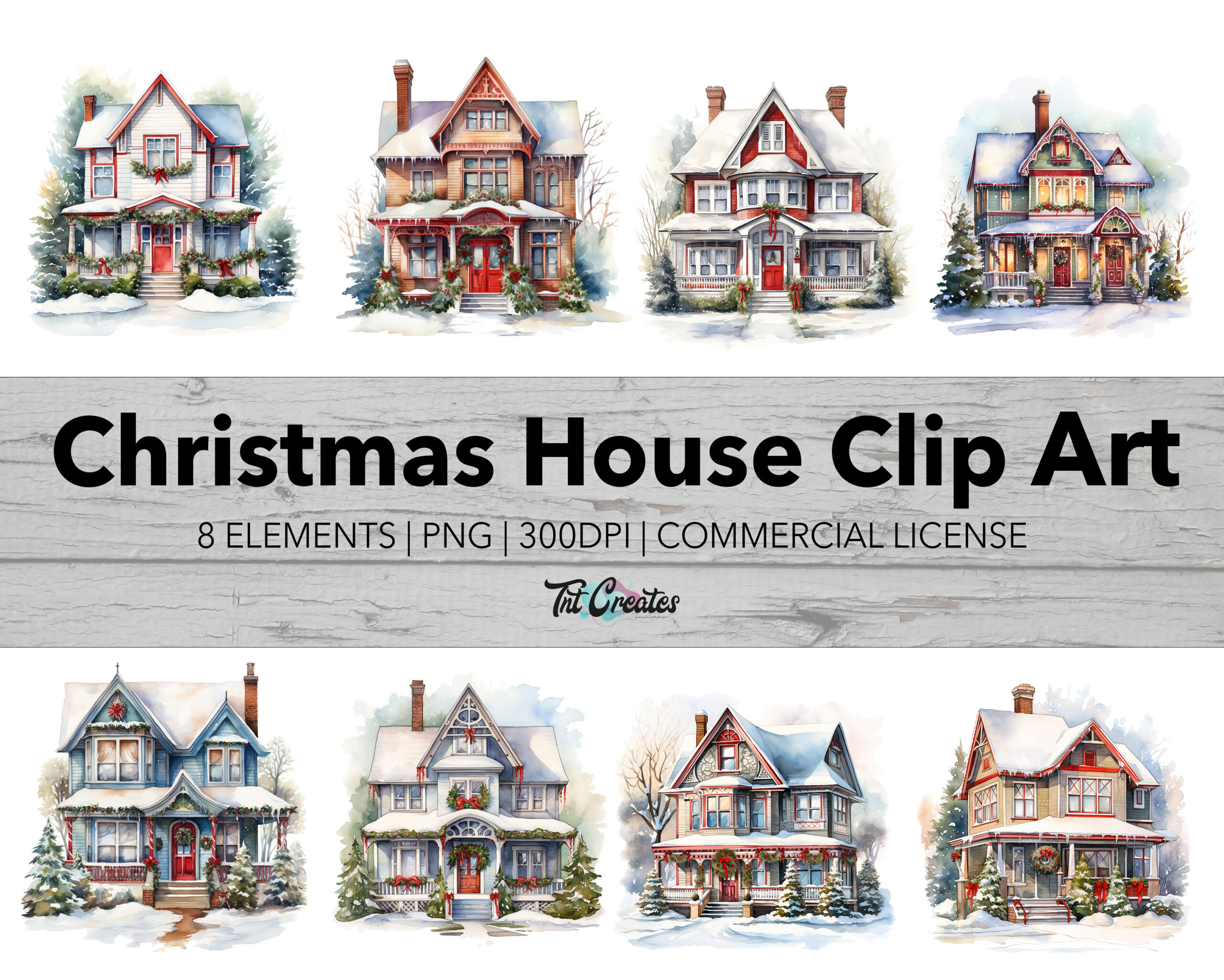 Watercolor Christmas House Holiday Clip Art, Transparent Background Digital Download PNG Clipart Bundle, Commercial Use