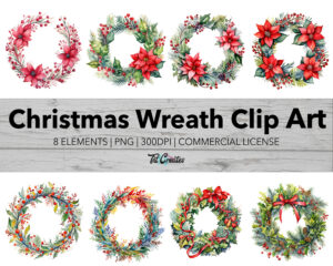Watercolor Christmas Wreath Holiday Clip Art, Transparent Background Digital Download PNG Clipart Bundle, Commercial Use