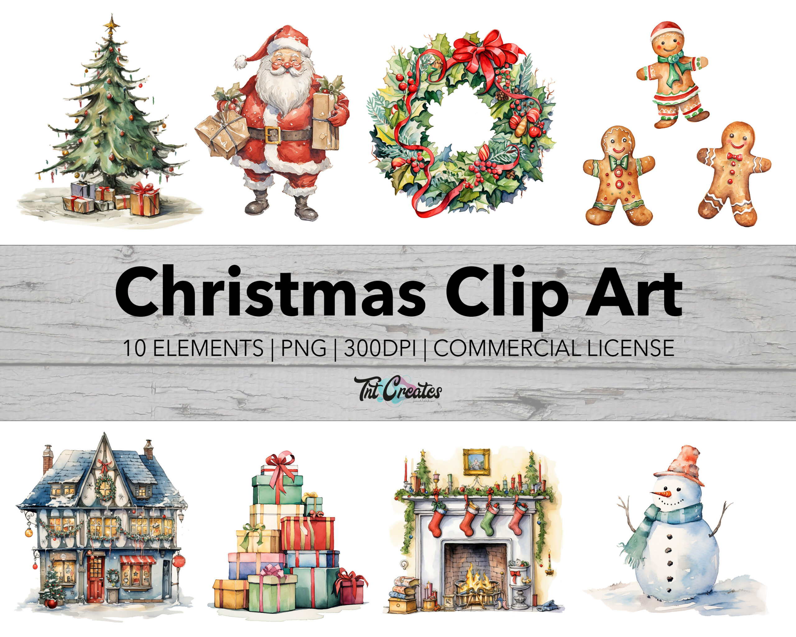 Watercolor Christmas Holiday Clip Art, Transparent Background Digital Download PNG Clipart Bundle, Commercial Use