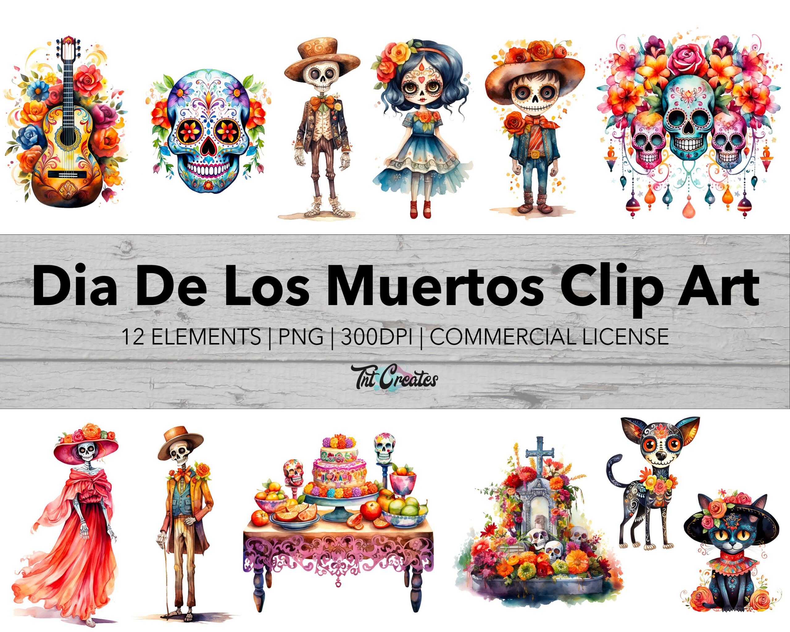 Watercolor Dia Los Muertos Clip Art, Day of the Dead Clipart, Transparent Background Digital Download PNG Clipart Bundle, Commercial Use