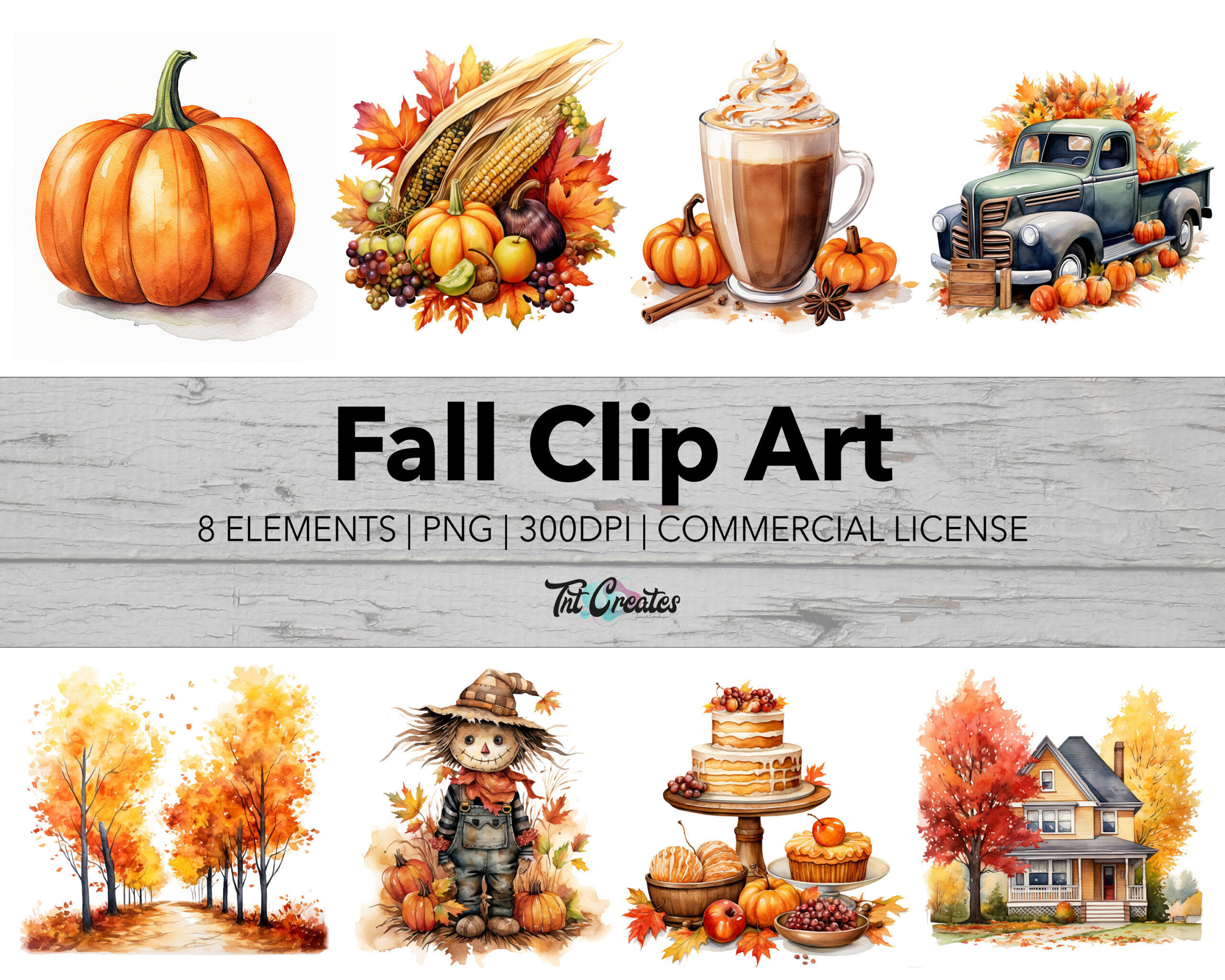 Watercolor Fall Clip Art, Autumn Clipart, Transparent Background Digital Download PNG Clipart Bundle, Commercial Use