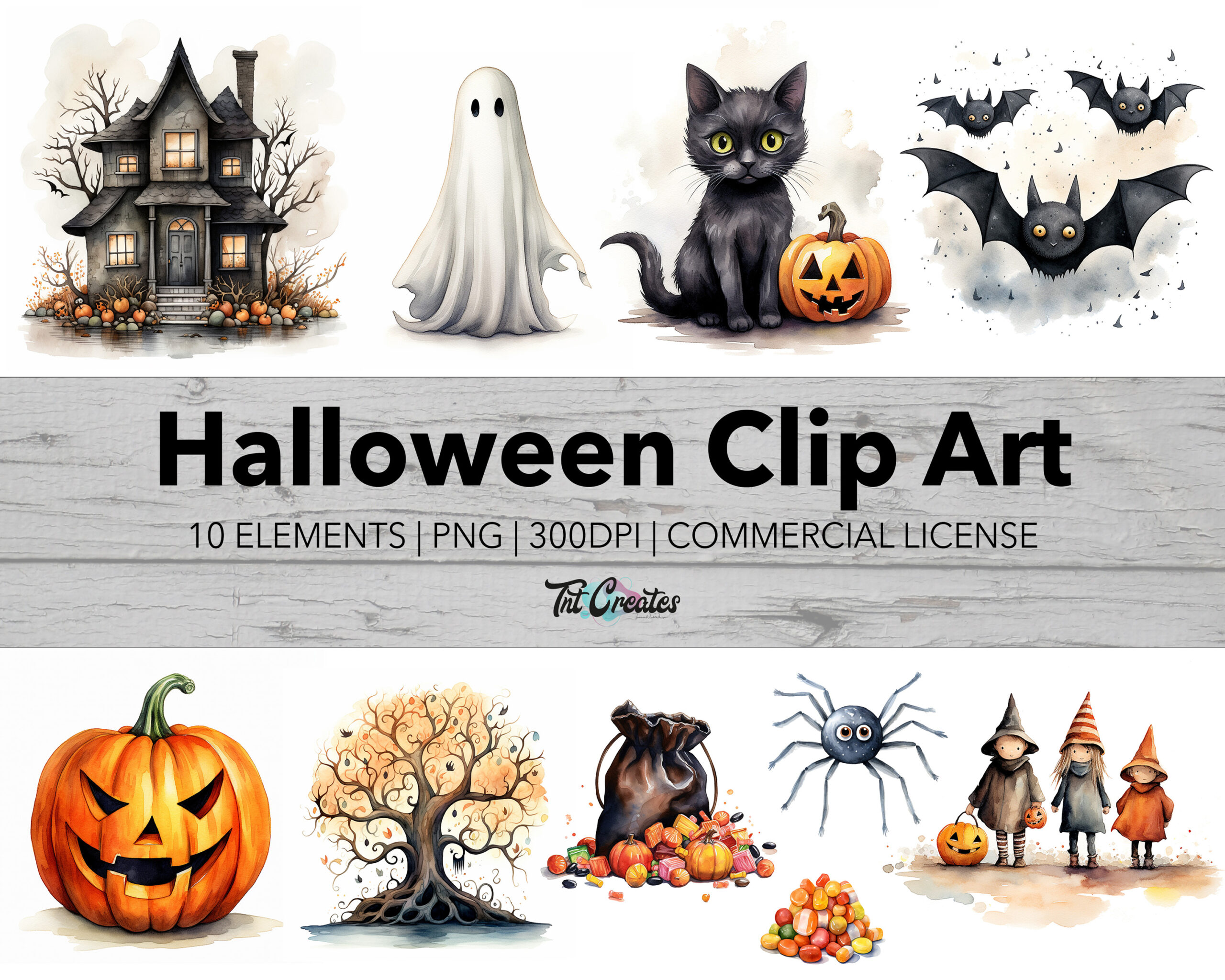 Watercolor Halloween Clip Art, Transparent Background Digital Download PNG Clipart Bundle, Commercial Use