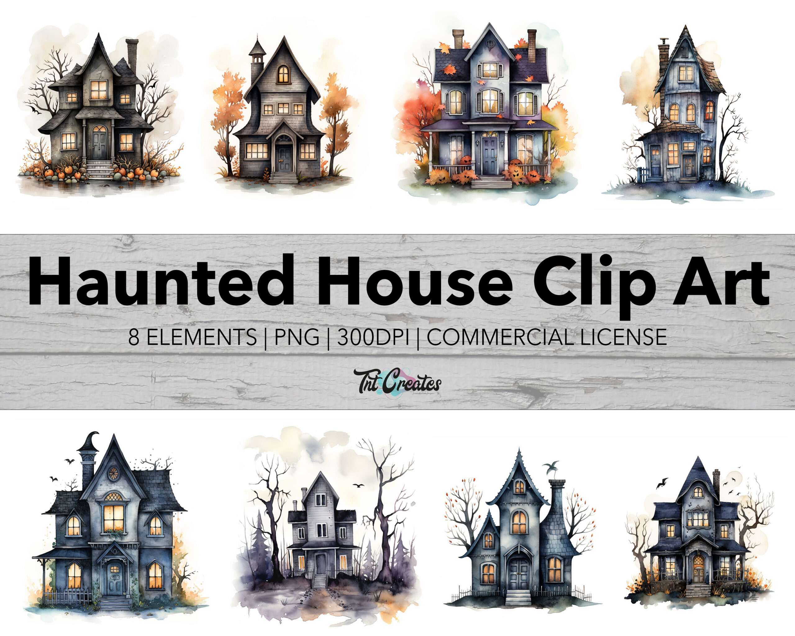 Watercolor Halloween Haunted House Clip Art, Transparent Background Digital Download PNG Clipart Bundle, Commercial Use