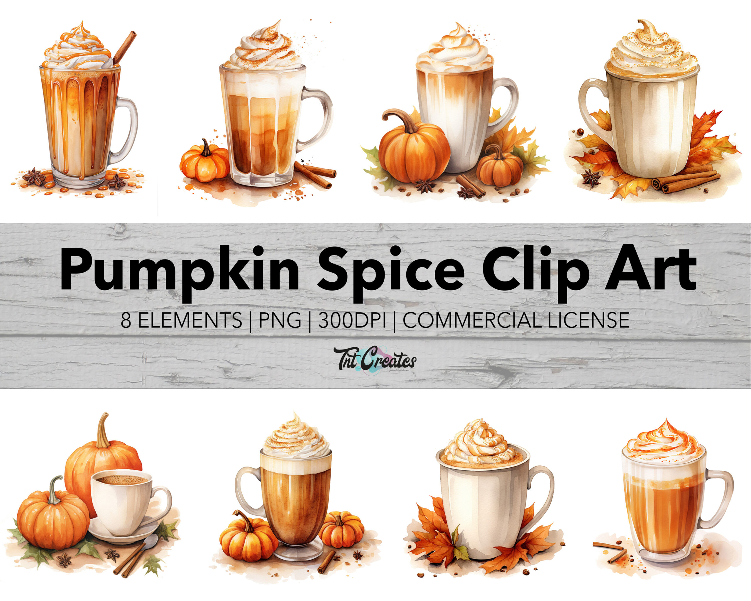 Watercolor Pumpkin Spice Fall Clip Art, Transparent Background Digital Download PNG Clipart Bundle, Commercial Use