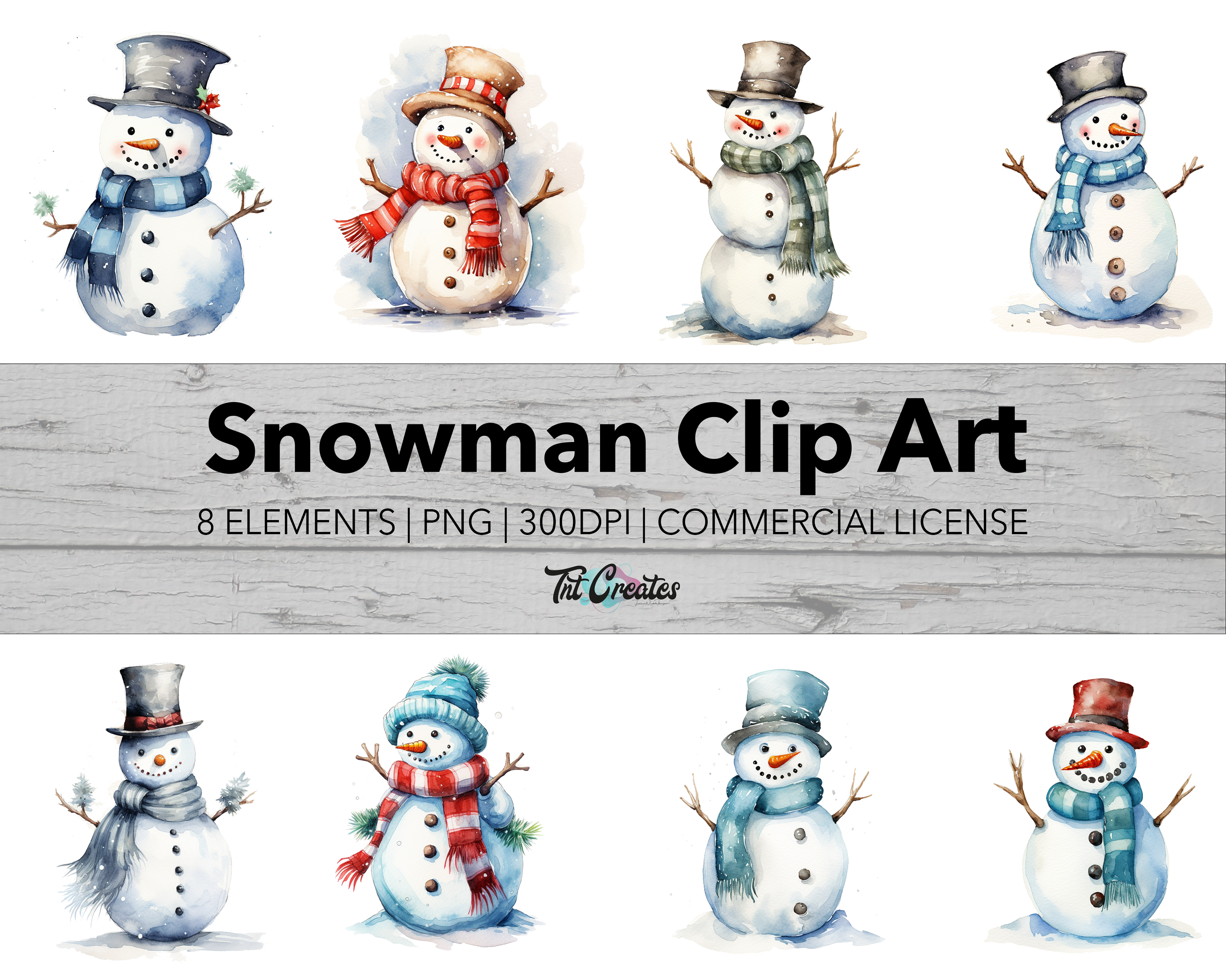 Watercolor Snowman Winter Holiday Clip Art, Transparent Background Digital Download PNG Clipart Bundle, Commercial Use