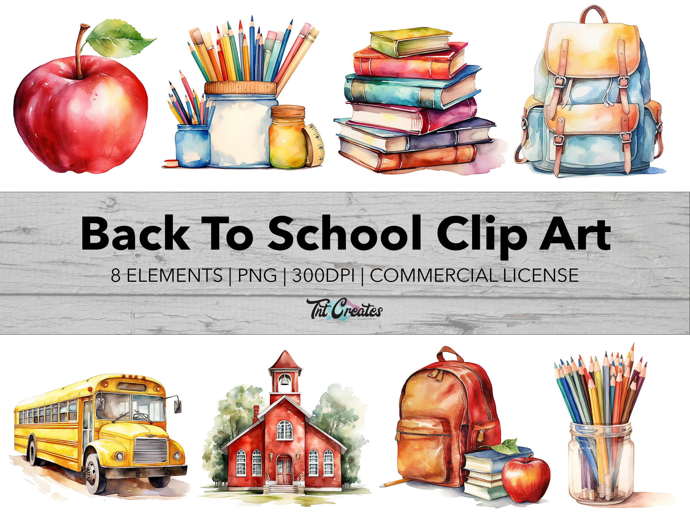 Watercolor Back to School Clip Art Bundle- Classroom Clipart, Transparent Background Digital Download PNG Clipart Bundle, Commercial Use