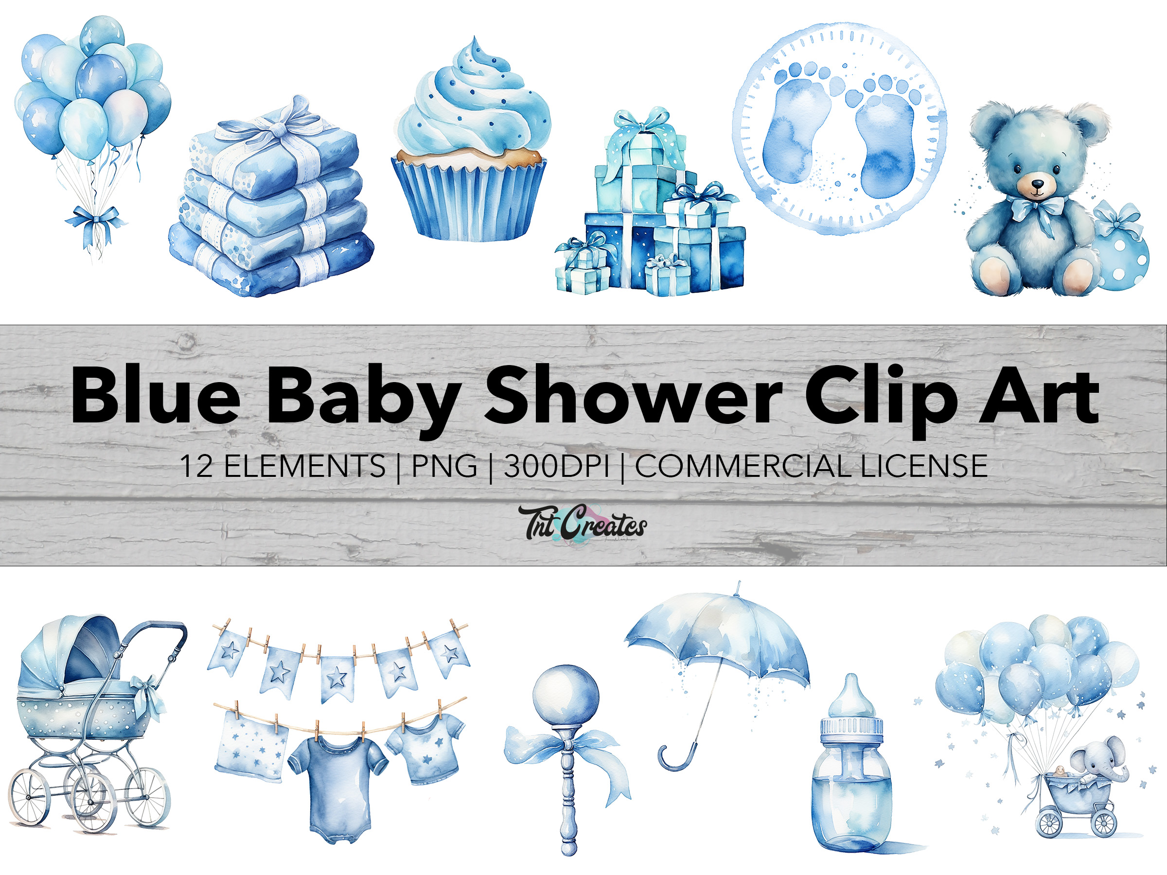 Blue Watercolor Baby Shower Clip Art Bundle - Boy Baby Clipart, Transparent Background Digital Download PNG Clipart Bundle, Commercial Use