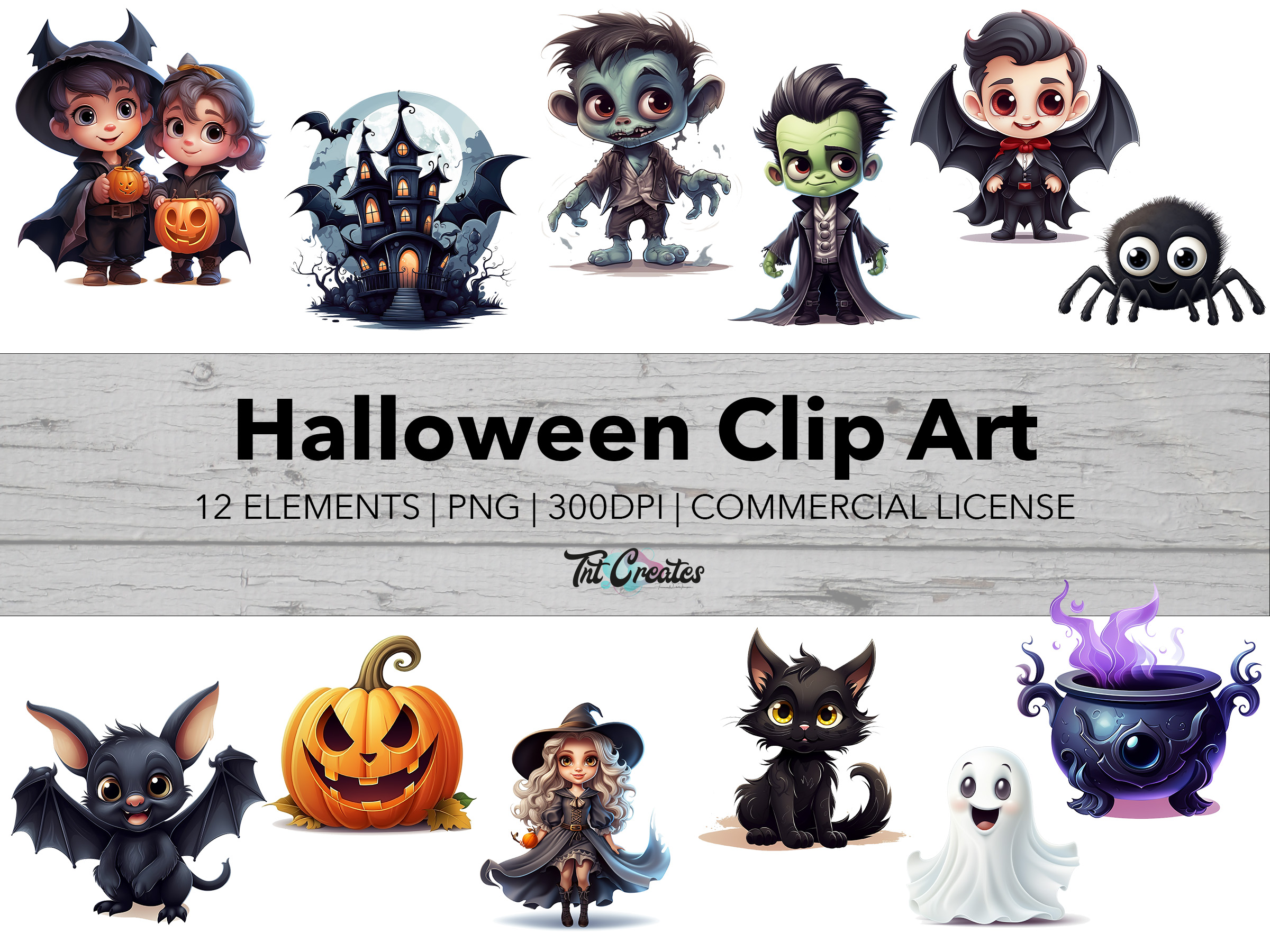 Halloween Cartoon Clip Art Bundle, Transparent Background Digital Download PNG Clipart Bundle, Commercial Use