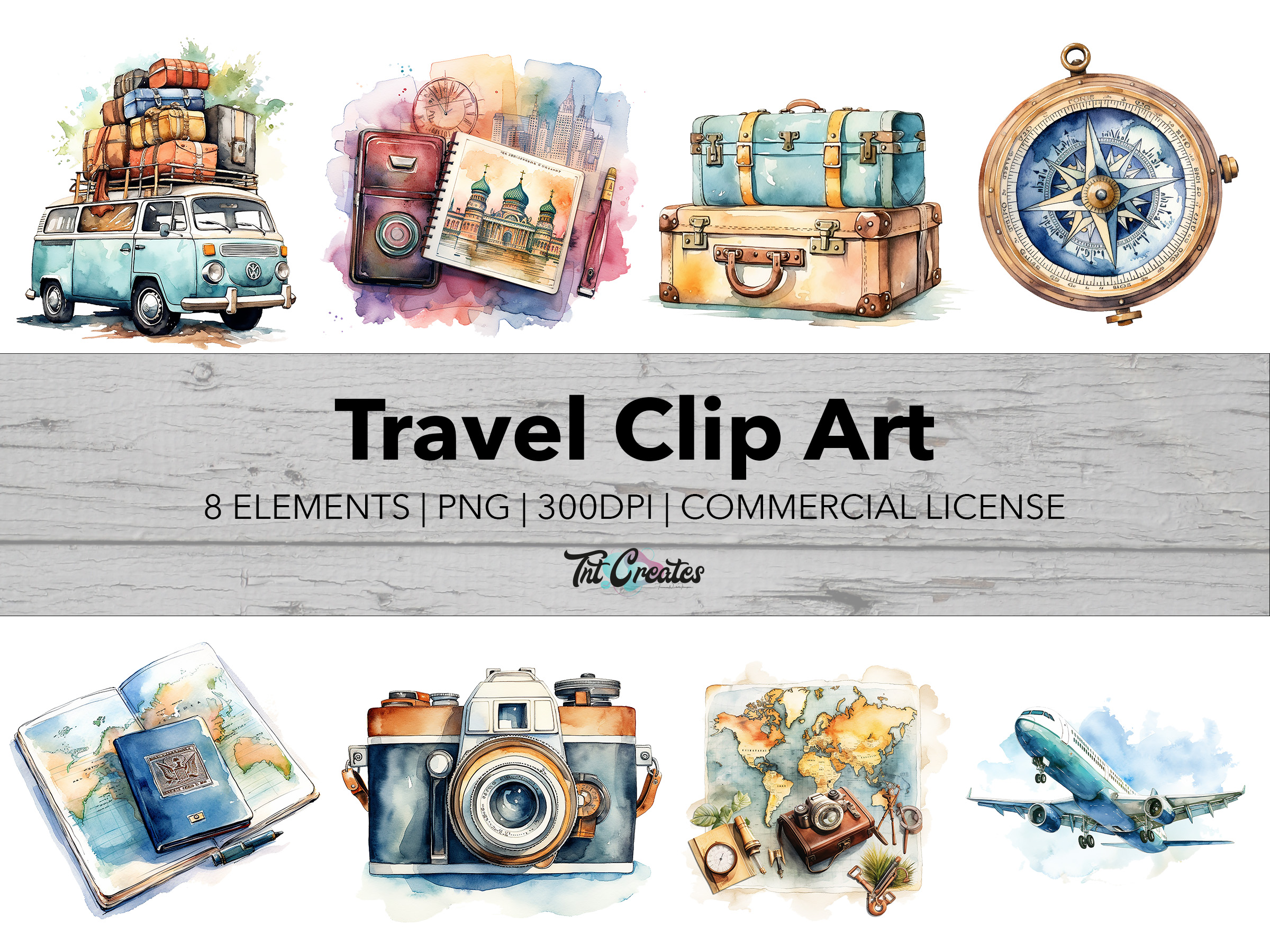 Watercolor Travel Clip Art Bundle -Vacation Crafts, Transparent Background Digital Download PNG Clipart Bundle, Commercial Use